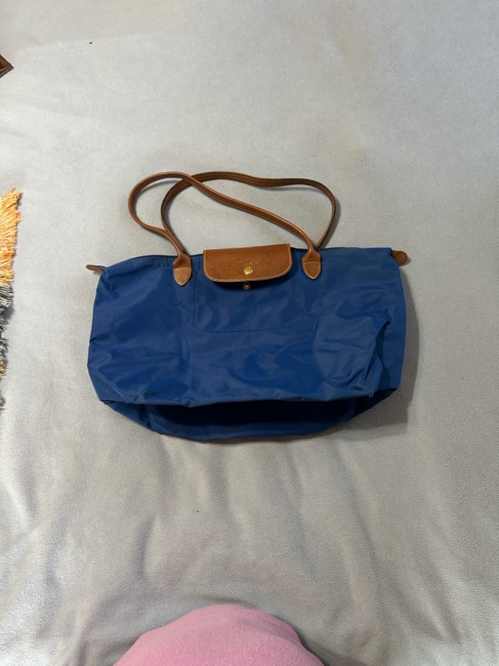 Longchamp Blue Nylon Tote with Brown Leather Trim